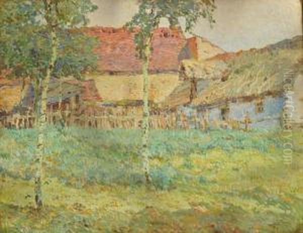 A Village House With Birch Trees Oil Painting by Josef Ullmann