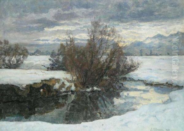 A Winter Landscape With A Pond Oil Painting by Julius Ullmann