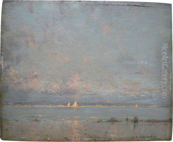 Plage Du Pouliguen Au Crepuscule Voiliers Au Soleil Couchant Oil Painting by Raoul Andre Ulmann