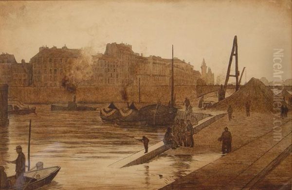 Scene De Chantier Sur Les Quais De Seine, A Paris Oil Painting by Raoul Andre Ulmann