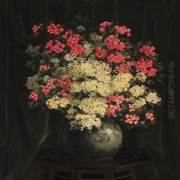 Red And White Hawthorn Branches In A Japanese Vase On A Table Oil Painting by Emil C. Unlitz