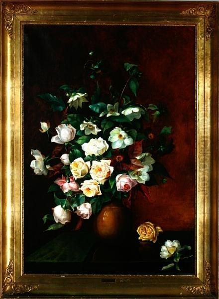 A Still Life With Yellow And Pink Roses In A Vase On A Table Oil Painting by Emil C. Unlitz