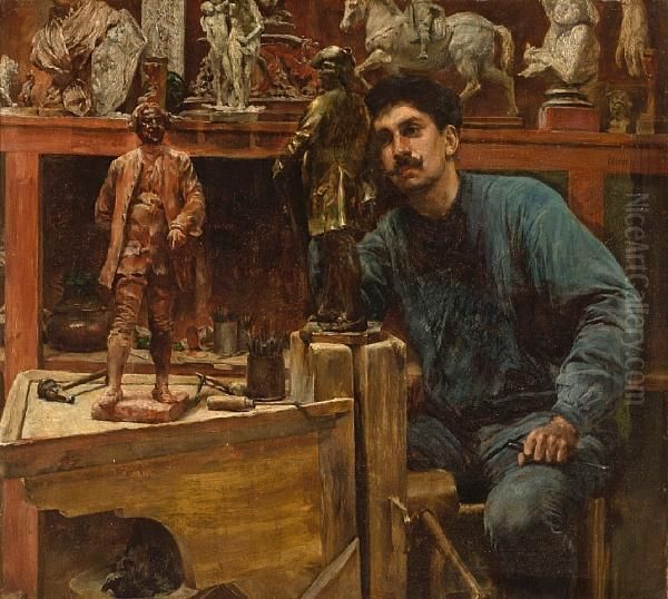 Sculptor In Studio Oil Painting by Charles Frederick Ulrich