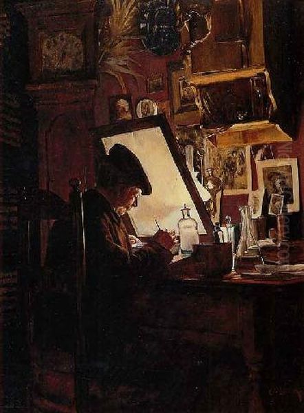 An Amateur Etcher (an Etcher In His Studio) Oil Painting by Charles Frederick Ulrich