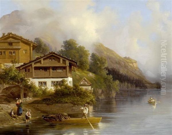 Old Dwelling House In Brunnen At Lake Lucerne Oil Painting by Johann Jakob Ulrich