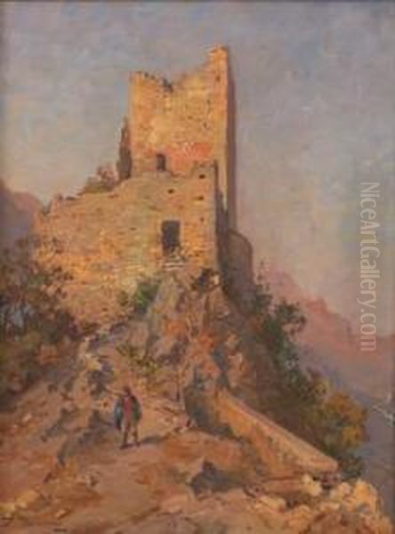 Landskap Med Ruin Og Mann Oil Painting by Even Ulving