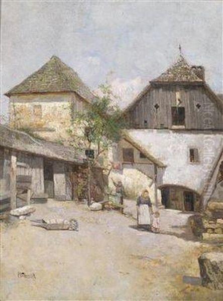 Farmstead In Spitz Danube Oil Painting by Paul Unbereit