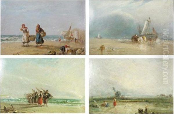 Animated Beach View With Fishermen Oil Painting by Frederick Charles Underhill