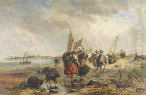 Coastal Scene With Fisherfolk Beside Boats Oil Painting by Frederick Charles Underhill