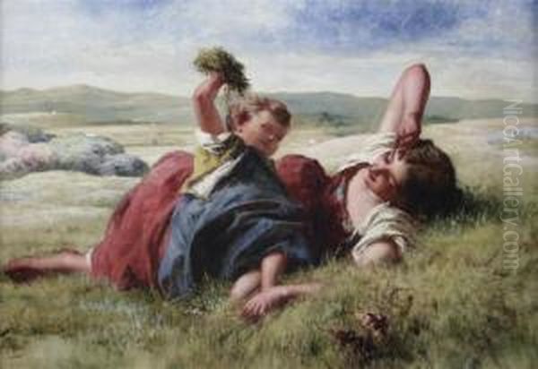 Mother And Child Beside A Harvest Field Oil Painting by William Underhill