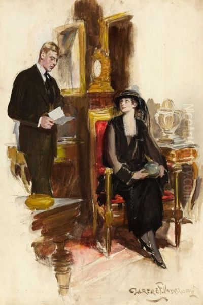 Man Reading Letter To A Seated Mourning Woman, Saturday Evening Post Illustration Oil Painting by Clarence Frederick Underwood