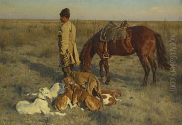 Kosake Mit Pferd Und Hunden In Der Steppe. Oil Painting by Hugo Ungewitter