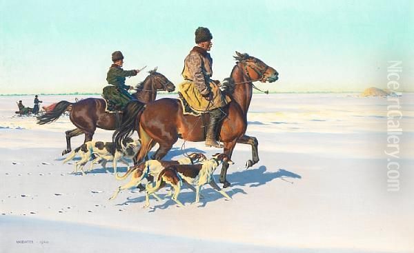 Hunting On The Snow-covered Steppes Oil Painting by Hugo Ungewitter