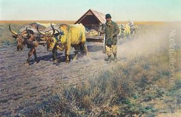 Ploughing The Land With Oxen Oil Painting by Hugo Ungewitter