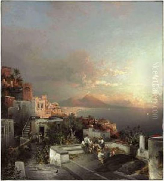 Figures Merrymaking On A Terrace, Posillipo Oil Painting by Franz Richard Unterberger