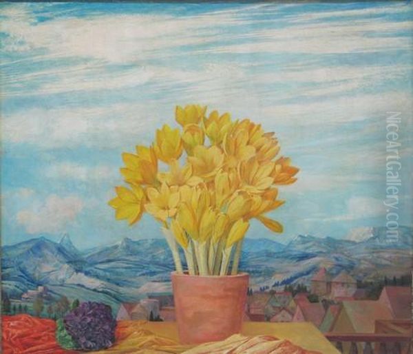 Im Vordergrund Ein Blumentopf Mitgelben Blumen Oil Painting by Franz Xaver Unterseher