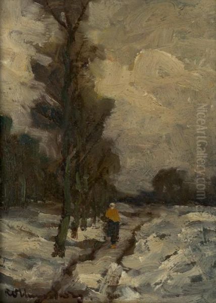 Winterlandschaft Mit Bauerin Auf Einem Feldweg by Raphael Oskar Unverdross