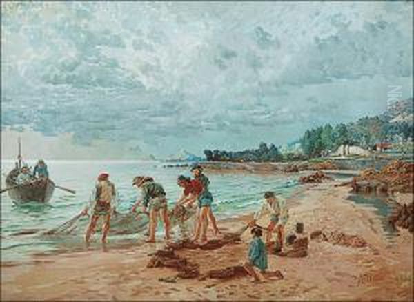 Seine-fishing On The Shore Of Corsica (ajaccio) Oil Painting by Aukusti Uotila