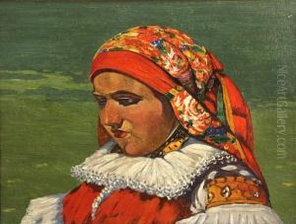 A Young Girl In Folk Costume Oil Painting by Joza Uprka