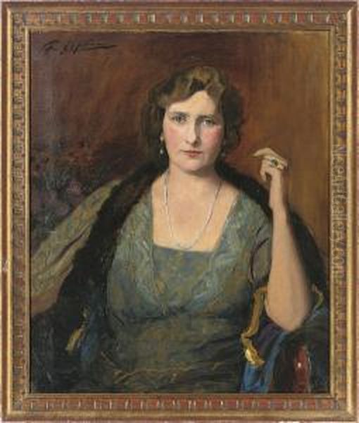 Portrait Of A Lady, Half-length, Seated In A Blue And Yellow Dress Oil Painting by Florence K. Upton