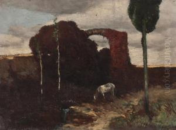 Grasendes Pferd Vor Ruine Oil Painting by Hermann Urban