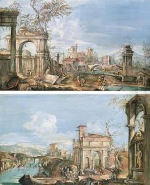 Un Caprice Architectural Avec Des Promeneurs Dans Des Ruines; Et Un Caprice Architectural Avec Des Promeneurs Au Bord D'une Riviere Oil Painting by Andrea Urbani