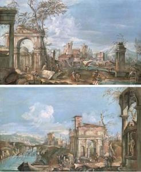 An Architectural Capriccio With Peasants Among Ruins; And Anarchitectural Capriccio With Peasants By A River Oil Painting by Andrea Urbani