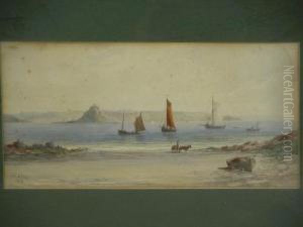 St Michaels Mount (?) With Fishing Smacks In The Bay Oil Painting by John Clarkson Uren