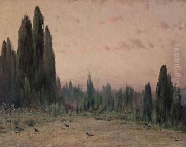 Paisaje Con Cipreses Oil Painting by Modesto Urgell y Inglada