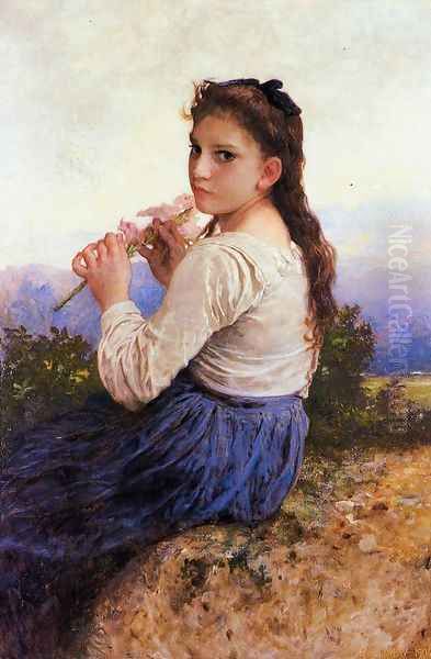 Young Girl Holding a Pink Gladiolus Oil Painting by William-Adolphe Bouguereau