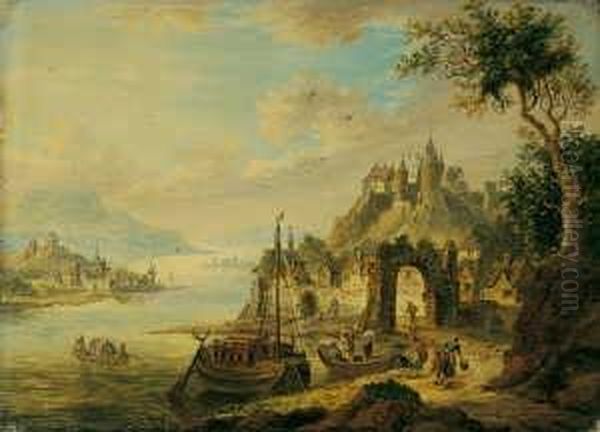 Schutz, Christian Georg D. A. , Umkreis Flusslandschaft Mit Hochgelegener Burg Oil Painting by Georg Christian Urlaub