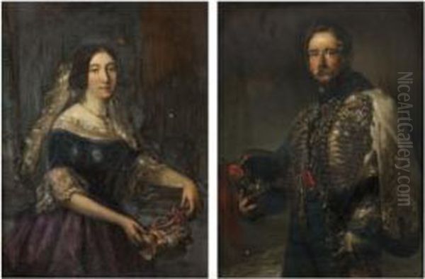 Retrato Del General Juan Zabala Y Su Esposa Benita De Mendiolea Oil Painting by Eduardo Urquiola Y Aguirre