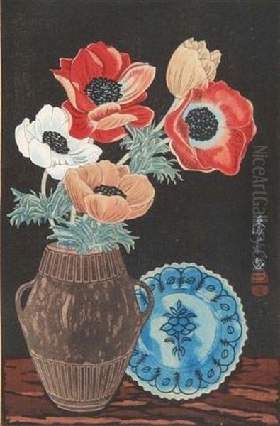 Poppies In A Two Handled Jug by Yoshijiro Urushibara