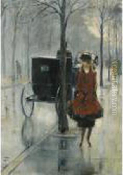 Strassenszene Mit Frau, Berlin (street Scene With Woman, Berlin) Oil Painting by Lesser Ury