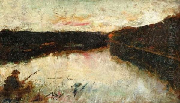 Fisherman On The River Oil Painting by Lesser Ury