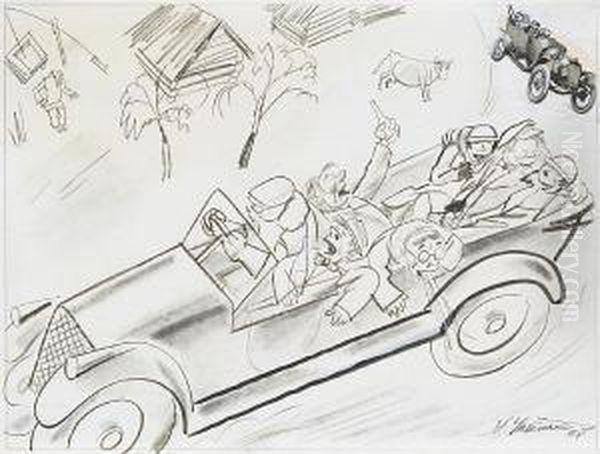 In The Automobile; An Illustration For The Magazine Oil Painting by Aleksei Aleksandrovich Uspensky