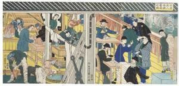 Yokohama Ijin Shokan Uriba No Zu [view Of The Trading Floor In A Foreign Building In Yokohama], A Triptych Depicting In Detail The Interior Of A Trader's House With Two Western Clerks, A Chinese Man Holding Up A Length Of Cloth, Etc. Oil Painting by Sadahide Utagawa