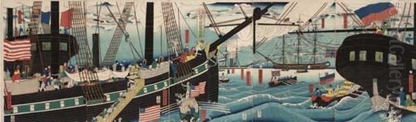 Yokohama Koeki Seiyojin Kamotsu Unso No Zu Oil Painting by Sadahide Utagawa