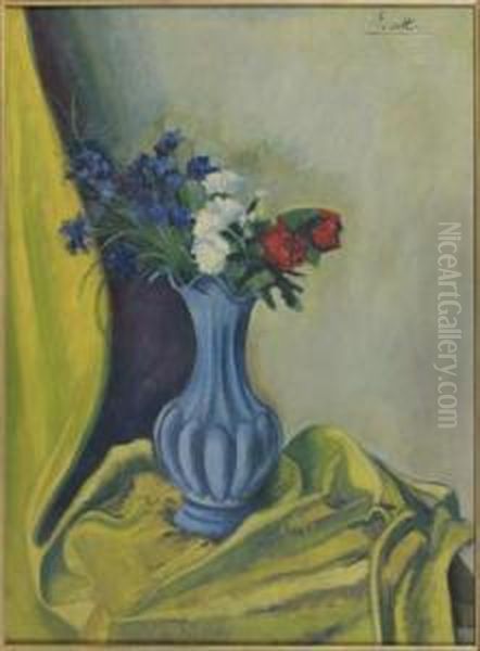 Vase De Fleurs Au Rideau Jaune Oil Painting by Andre Utter