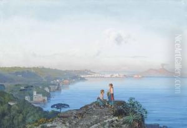 Girls On An Outcrop Above The Bay Of Naples At Dusk Oil Painting by Cesare Uva