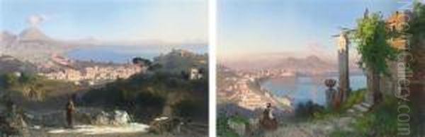 A Stroll Above The Bay Of Naples Oil Painting by Cesare Uva