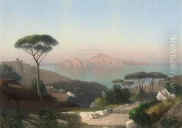 A Rest On The Road To Sorrento, Capri Beyond Oil Painting by Cesare Uva