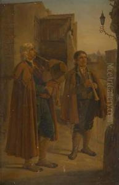 Les Musiciens De Rue Oil Painting by Thomas Uwins