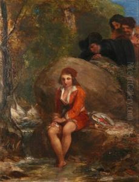 Dorothea Disguised As A Shepherd Boy With Voyeurs Behind A Rock Oil Painting by Thomas Uwins