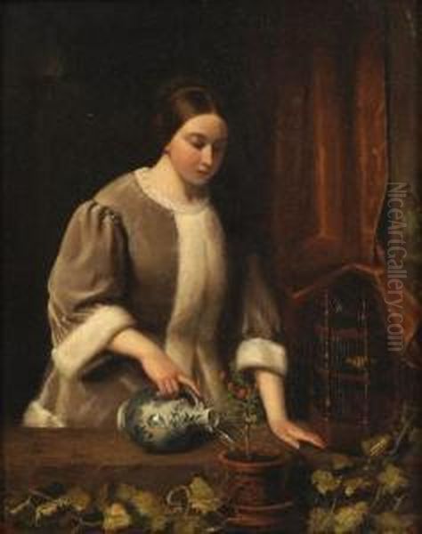 Girl With Delft Pitcher Oil Painting by Johannes Christoffel Vaarberg