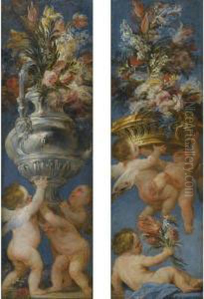 A Pair Of Flower Still Lives With Cavorting Putti Oil Painting by Domenico Antonio Vaccaro