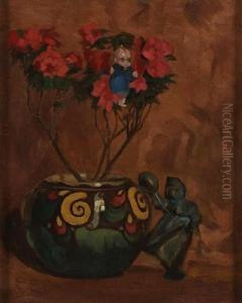 Vaso Di Fiori Con Pupazzetto Lenci Appeso A Un Ramo E Statuina Posata Accanto Oil Painting by Filippo Vacchetti