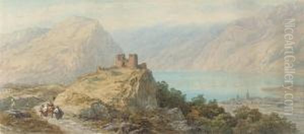 Figure Passing The Ruined Castle By The Lake Of Wallenstadt Oil Painting by Charles Vacher