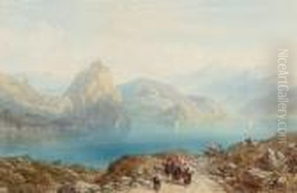 Figures Beside An Italian Lake Oil Painting by Charles Vacher