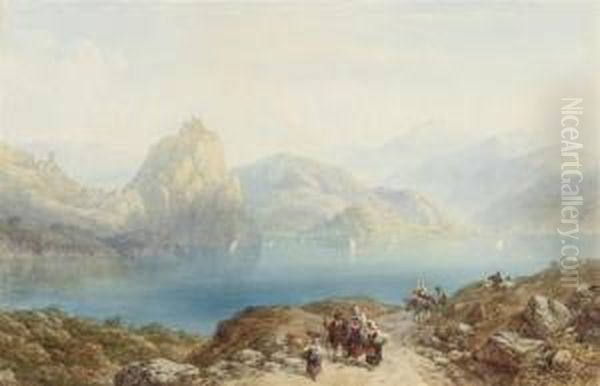 Figures Walking Beside An Italian Lake Oil Painting by Charles Vacher